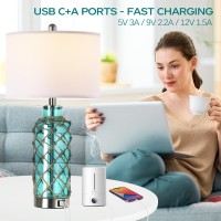 Cottage Nautical Accent Table Lamp Set Of 2 Touch Coastal Blue Green Glass Rope Net Bedside Lamp With Usb Ca Fast Charging Por