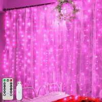 Ollny Curtain Lights 200Led 66X66Ft Usb Pink Christmas Curtain Lights With Remote 8 Modes Timer Waterproof String Lights For