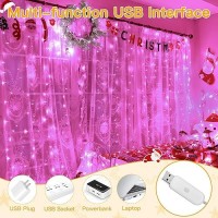 Ollny Curtain Lights 200Led 66X66Ft Usb Pink Christmas Curtain Lights With Remote 8 Modes Timer Waterproof String Lights For