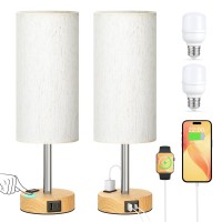 Touch Bedside Table Lamps Set - 3 Way Dimmable Bedroom Lamps Set Of 2 With Usb C And A Ports, Small Lamps For Nightstand With Ac Outlet, Wood Base Round Flaxen Shade For Desk, Office, Dorm, Nursery