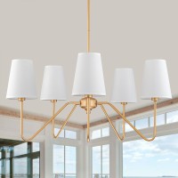 Fiyueoyi Brass Gold Chandeliers For Dining Room 5Light Modern Pendant Light Fixture Over Table With White Shade Farmhouse Ligh