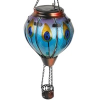 Teyigarden Hot Air Balloon Solar Lantern With Solar Flickering Flame Light Peacock Feather Glass Solar Hot Air Balloon Lamp Wate