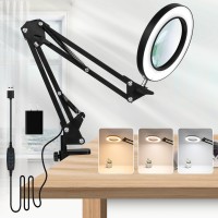 Nueyio 10X Magnifying Glass With Light Flexible Arm Magnifier Lamp 3 Color Modes Stepless Dimming Magnifying Lamp With Clamp