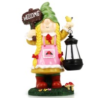 Lovinland 13.7'' Garden Gnomes Outdoor Decor Large Welcome Garden Gnome Gift For Women With Solar Led Lights Resin Lady Garden Gnome Statues Figurine For Yard Patio Lawn Outdoor Indoor Decorations