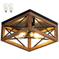 Rpzloila Flush Mount Ceiling Light Fixture For Kitchen Hallway, 2-Light Close To Ceiling Light With Black Metal And Wood Design, Rustic Farmhouse Ceiling