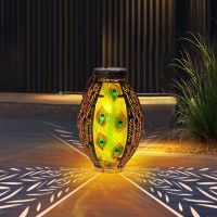 Solar Outdoor Lanterns Waterproof Peacock Feather Lights, Glass&Metal Garden Solar Lights Outdoor Decorative With Hollowed-Out Design Tabletop Lamp For Garden Yard Patio Pathway Indoor Table