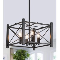 Amzasa Farmhouse Chandelier Black Square 4Lights Lantern Pendant Light Rustic Cage Industrial Hanging Light For Kitchen Island