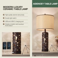 Aidenoey Set Of 2 Table Lamps With Night Light 28 Farmhouse Table Lamp With Usb Ac Ports Brown Ceramic Bedside Lamp With Fab