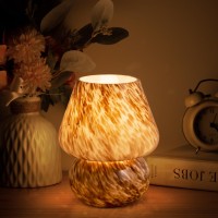 Briignite Mushroom Lamp Brown Feather Pattern Translucent Glass Table Lamp Murano Vintage Style Replaceable 5W Light Bulb Inc