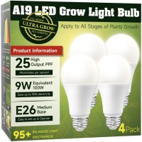 Grow Light Bulbs Led Grow Light Bulbs Full Spectrum A19 Plant Light Bulbs 100W Equivalent E26 Base 9W Grow Lamp Bulbs 5000K