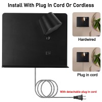 Cosylux Led Plug In Wall Sconce With Shelf, Cordless Metal Reading Wall Lamp For Bedroom, Living Room, 6W, 450Lms, 2700K Rotatable Modern Wall Light Fixtures With Usb Charging Port, Black