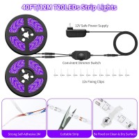 Dimmable Black Light Strip Kit 40Ft/12M 720 Leds, 12V Flexible Blacklight Fixtures, 385Nm-400Nm, Black Light Led Strips For Glow Party Fluorescent Poster Halloween Indoor Bedroom Decor, Non-Waterproof