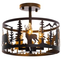 Rustic Semi-Flush Mount Ceiling Light Fixture,3-Light E12 Base Black Round Farmhouse Metal Light Fixtures For Kitchen, Hallway, Living Room, Industrial Style With Deer, Bear, Tree Design -Frame