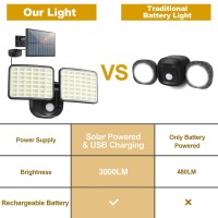 Rechargeable Battery Lights 3 Months Endurance, Battery Powered Motion Sensor Outdoor Lights Supports Solar & Usb Charging,3000Lm Flood Light Outdoor