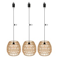 3Er Pack Battery Operated Pendant Light Outdoor Chandelier For Gazebo Hanging Lamp With Remote Control Timer Led Bulbs Rattan Shade Lantern For Porch Patio Backyard Decor Powered By 4*Aa Batteries