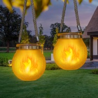 Solar Lantern Crackle Glass Ball With Flickering Flame Light, 2 Pack Solar Garden Lights Outdoor Waterproof Lanterns, Solar Power Lantern Garden Decor Patio Hanging Lights For Pathway Backyard Fence