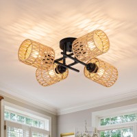 Luzbblu Rattan Semi Flush Mount Ceiling Lighting Fixture 4Light Boho Light Fixtures Ceiling With Rattan Shade Modern Sputnik Ch