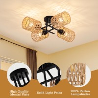 Luzbblu Rattan Semi Flush Mount Ceiling Lighting Fixture 4Light Boho Light Fixtures Ceiling With Rattan Shade Modern Sputnik Ch