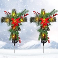 2 Pack Christmas Decorations Outdoor Solar Cross Stake Lights For Christmas Decor, Ip65 Waterproof, Auto On/Off Cross Light Grave Decorations With 10 Leds & Pinecones For Garden Yard Lawn Cemetery