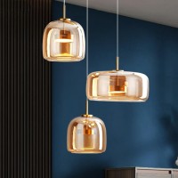 Qufute Large Led Glass Chandelier Mid Century Modern Ceiling Pendant Light Amber Mouth Blown Glass Shade 27W 3-Lights Sputnik Hanging Pendant Lighting Kitchen Island Living Dining Room Table