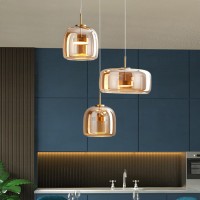 Qufute Large Led Glass Chandelier Mid Century Modern Ceiling Pendant Light Amber Mouth Blown Glass Shade 27W 3-Lights Sputnik Hanging Pendant Lighting Kitchen Island Living Dining Room Table