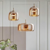 Qufute Large Led Glass Chandelier Mid Century Modern Ceiling Pendant Light Amber Mouth Blown Glass Shade 27W 3-Lights Sputnik Hanging Pendant Lighting Kitchen Island Living Dining Room Table