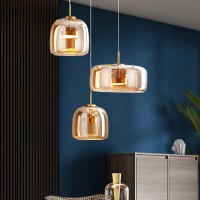 Qufute Large Led Glass Chandelier Mid Century Modern Ceiling Pendant Light Amber Mouth Blown Glass Shade 27W 3-Lights Sputnik Hanging Pendant Lighting Kitchen Island Living Dining Room Table