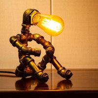 Lcyytg Steampunk Table Lamp Vintage Industrial Metal Robot Table Lamp Water Pipe Table Lamp Robot Style Desktop Light For Be