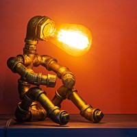 Lcyytg Steampunk Table Lamp Vintage Industrial Metal Robot Table Lamp Water Pipe Table Lamp Robot Style Desktop Light For Be