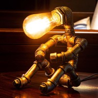 Lcyytg Steampunk Table Lamp Vintage Industrial Metal Robot Table Lamp Water Pipe Table Lamp Robot Style Desktop Light For Be