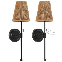 Wall Sconces Set Of 2 Retro Industrial Wall Lamps With Pull Chain Bathroom Vanity Sconces Wall Lighting With Rattan Fabric Sha