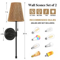 Wall Sconces Set Of 2 Retro Industrial Wall Lamps With Pull Chain Bathroom Vanity Sconces Wall Lighting With Rattan Fabric Sha