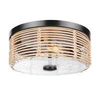 Rosient Rattan Flush Mount Ceiling Light Farmhouse Close To Ceiling Light With Seeded Glass Metal Frame Wicker Woven Weaving L