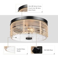 Rosient Rattan Flush Mount Ceiling Light Farmhouse Close To Ceiling Light With Seeded Glass Metal Frame Wicker Woven Weaving L