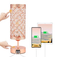 Mehime Crystal Table Lamp,Touch Control Rose Gold Lamp With 2 Usb Ports, 3 Way Dimmable Bedside Lamp With Crystal Lampshade For Home Living Room Girls' Bedroom, Charge Phone (Bulb Included)