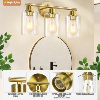 Criry 3Light Brushed Gold Bathroom Vanity Lighting Fixtures Over Mirror Modern Wall Sconces With Clear Glass Shade Wall Mount