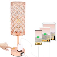 Rose Gold Lamp, Crystal Table Lamp With Dual Usb-A & Ac Ports, 3 Way Dimmable Light With Crystal Lampshade, Touch Control Bedside Lamp For Nightstand Bedroom Living Room (Bulb Included)