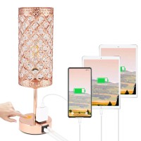 Mehime Crystal Table Lamp, Rose Gold Lamp With Usb&C+Ac Ports, 3 Way Dimmable Light With Crystal Lampshade, Moderntouch Control Bedside Lamp With Bulb For Nightstand Living Room Bedroom, Dorm