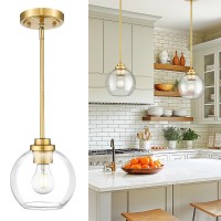 Jazava Modern Polished Gold Pendant Light Mid Cenrury Globe Hanging Light Fixture With Clear Glass For Kitchen Island Dining Ro