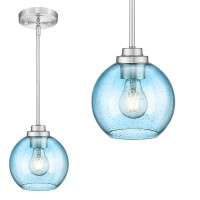 Jazava Modern Blue Glass Pendant Light Globe Hanging Light Fixture With Brushed Nickel Finish For Kitchen Island Dining Room Be