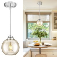 Jazava Amber Glass Hanging Light Fixture Ceiling Modern Globe Pendant Light With Brushed Nickel Finish For Kitchen Island Dinin