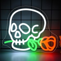 Flower Skull Neon Sign For Halloweenwhite Skeleton With Red Rose Led Neon Light For Roombarbedroompartyman Cavebirthday Ha