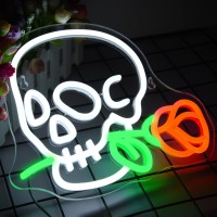 Flower Skull Neon Sign For Halloweenwhite Skeleton With Red Rose Led Neon Light For Roombarbedroompartyman Cavebirthday Ha