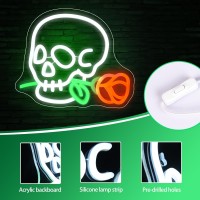 Flower Skull Neon Sign For Halloweenwhite Skeleton With Red Rose Led Neon Light For Roombarbedroompartyman Cavebirthday Ha