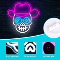 Skull Neon Sign For Halloweenwear Glasses And Hat Of Blue And White Skeleton Neon Light For Roombarbedroompartyman Cavebir