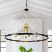 Qarehl Modern Chandeliers Large Black And Gold Farmhouse Chandelier Contemporary Round Hanging Light Fixture Industrial Pendant Lighting For Dining Room Living Room Kitchen Hallway Entryway Foyer