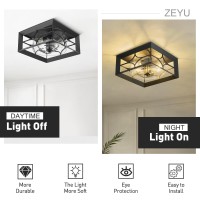 Zeyu 2-Light Modern Ceiling Light Fixture For Kitchen Living Room, 11.4 Inch Square Flush Mount Light Fixture, Aluminum Cage With Clear Glass In Black Finish, Zxy96F Bk