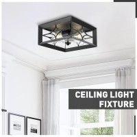 Zeyu 2-Light Modern Ceiling Light Fixture For Kitchen Living Room, 11.4 Inch Square Flush Mount Light Fixture, Aluminum Cage With Clear Glass In Black Finish, Zxy96F Bk