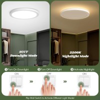 Led Flush Mount Ceiling Light With Night Light, 5Cct Dimmable Led Ceiling Light Fixture, 12W 1400Lm 2700K/3000K/3500K/4000K/5000K Selectable, 7 Inch Round Modern Ceiling Lamp For Bedroom, Set Of 2