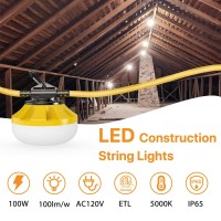 Pvilub 100Ft Construction String Lights 100W Led Construction String Lights With 5 Bulbs Hooks Ip65 Attic Lighting 5000K Lin